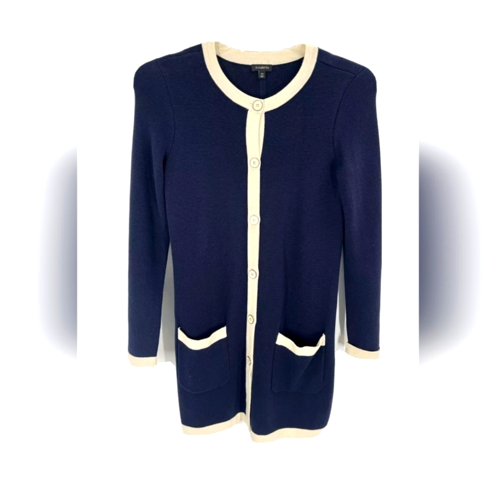 Talbots Navy Blue Cotton Blend Mid Length Button Cardigan